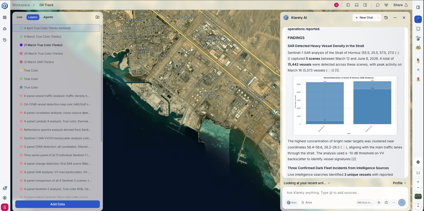 Klarety AI Assistant on the map workspace answering a geospatial question