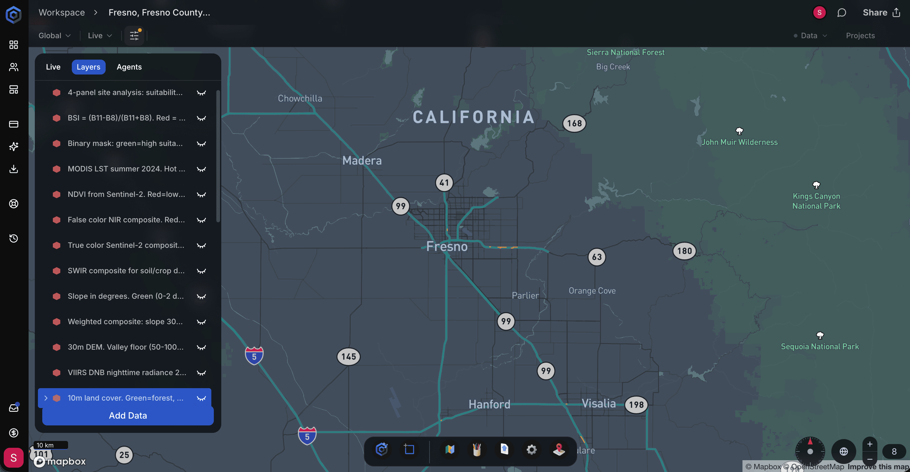 Klarety map workspace with satellite imagery and site data layered together